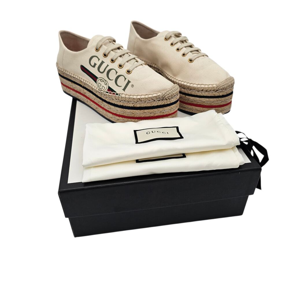 Gucci Lilibeth Platform Espadrille Sneaker White Canvas GG Stripe Size 41 US 11 - Picture 2 of 11